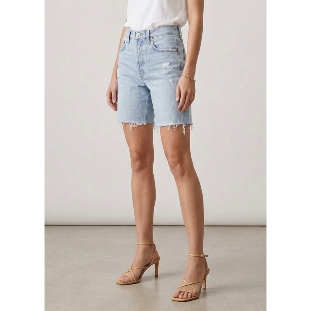 AGOLDE Denim Shorts Parker Long Light Wash Women 24 High Rise Distressed Raw Hem